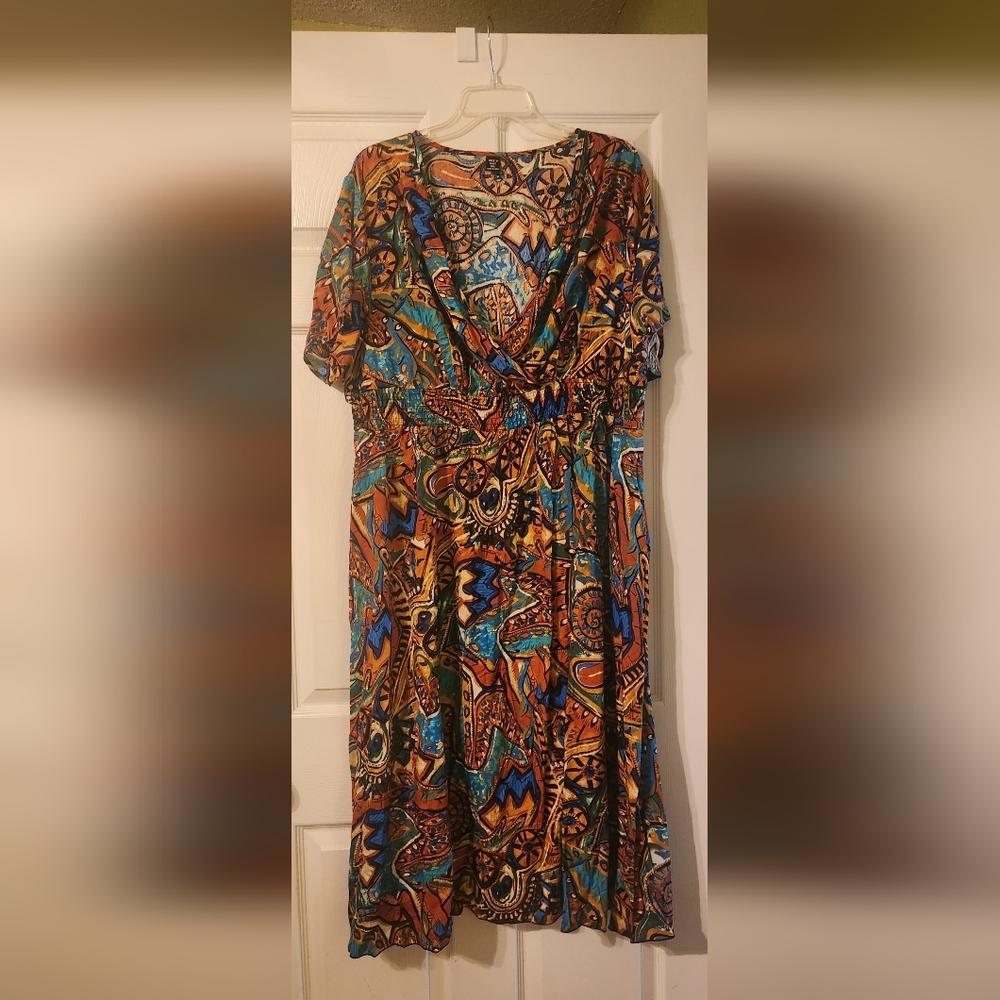 Vibrant Blue and Orange Graphic Maxi Dress